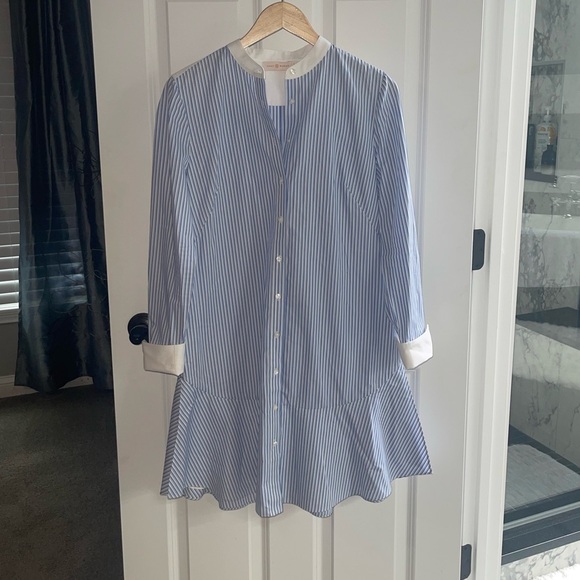 TORY BURCH Cora Cotton Shirt Dress Tunic Blue White Pinstripe Button Down 4 - Picture 6 of 11